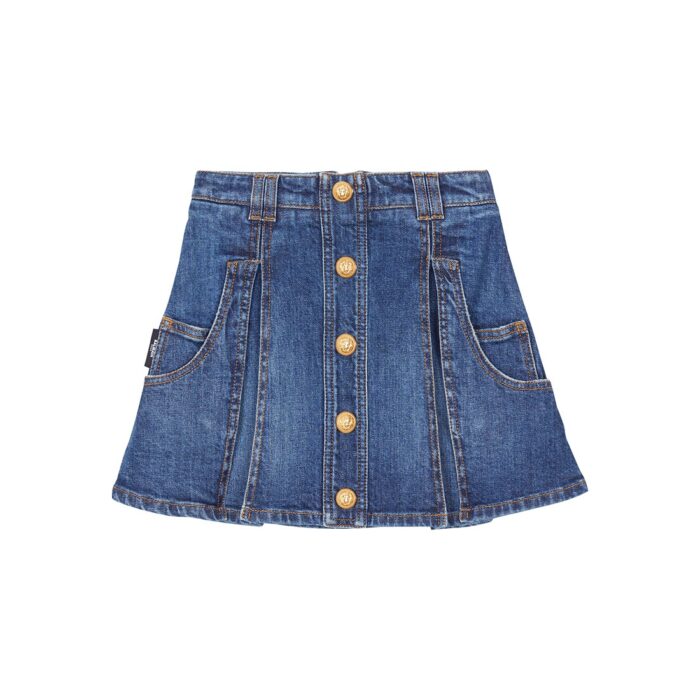 BALMAIN Women Leather Accent Denim Mini Skirt