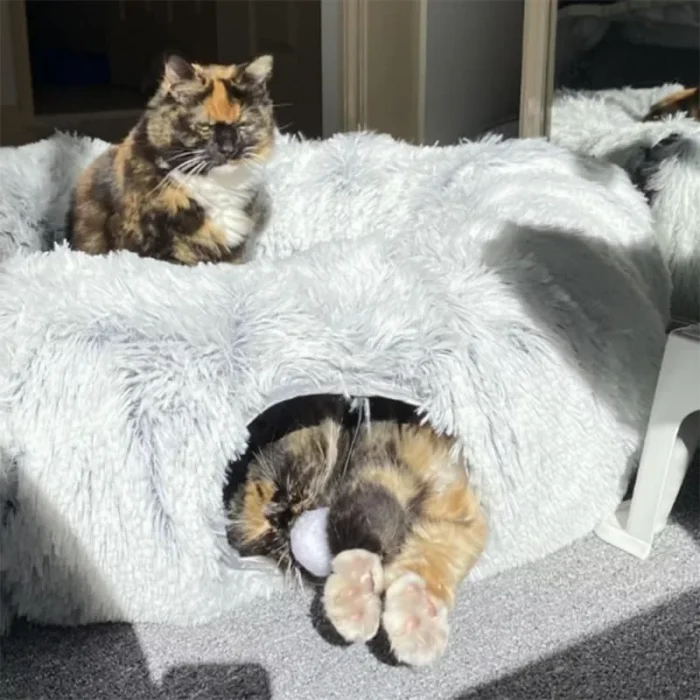 Plush Cat Bed with Tunnel for Indoor Cats Multifunctional Cat Tunnel Bed with Peephole  Fluffy Donut Cat Bed with Tunnel - Image 2