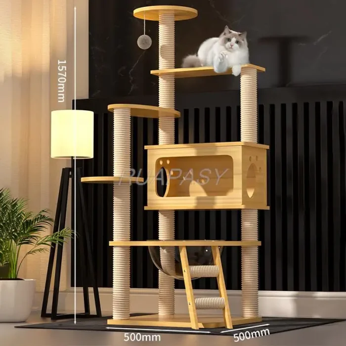 Multi-Level Cat Tree Climbing Frame Shelf  Wood Scratching Post Sisal Pillar Jumping Platform Perch Tower Integrated Cat Frame - Image 3