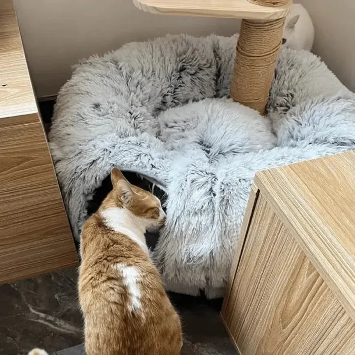 Plush Cat Bed with Tunnel for Indoor Cats Multifunctional Cat Tunnel Bed with Peephole  Fluffy Donut Cat Bed with Tunnel - Image 3