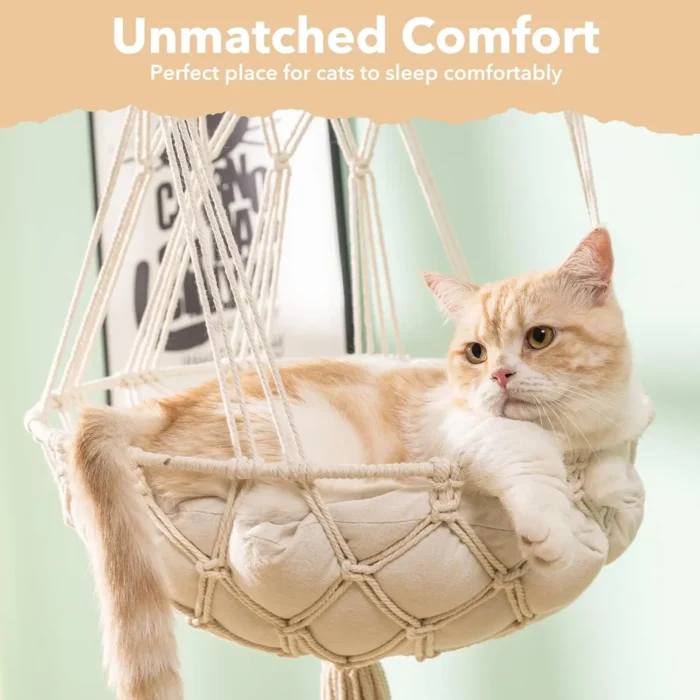 Mewoofun Cat Hammock Handwoven Cat Swing Bed on Wall Hanging Window Perch  with Washed Cotton Mat for Indoor Cats - Image 3