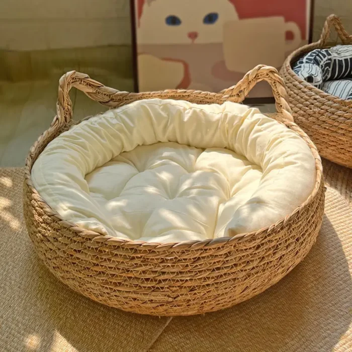 OUZEY Rattan Weaving Cat Basket Pet Cat Bed With Cushion Soft Warm Puppy Kitten Bed Donut Round Comfortable Sleeping Cat House - Image 5