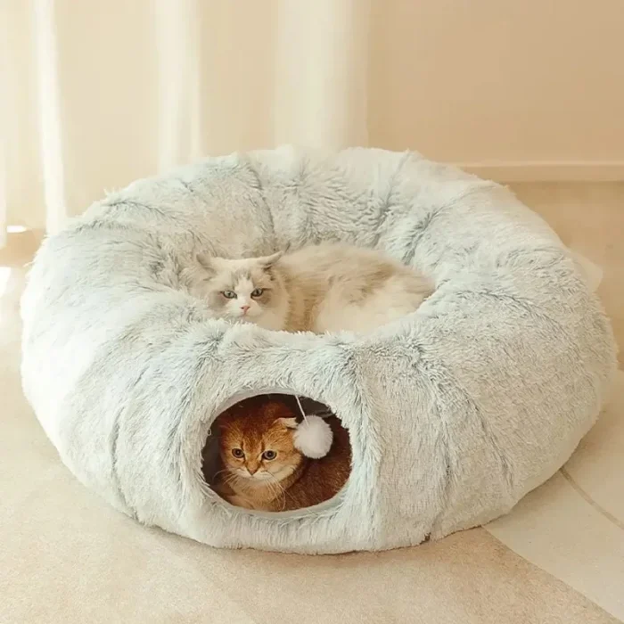 Plush Cat Bed with Tunnel for Indoor Cats Multifunctional Cat Tunnel Bed with Peephole  Fluffy Donut Cat Bed with Tunnel - Image 5