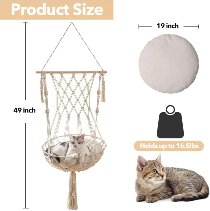 Mewoofun Cat Hammock Handwoven Cat Swing Bed on Wall Hanging Window Perch  with Washed Cotton Mat for Indoor Cats - Image 6
