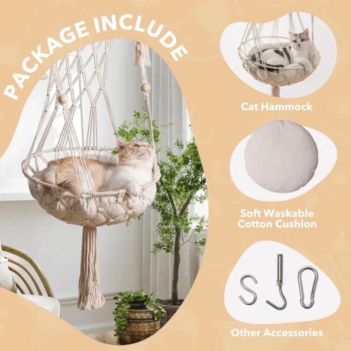 Mewoofun Cat Hammock Handwoven Cat Swing Bed on Wall Hanging Window Perch  with Washed Cotton Mat for Indoor Cats - Image 2