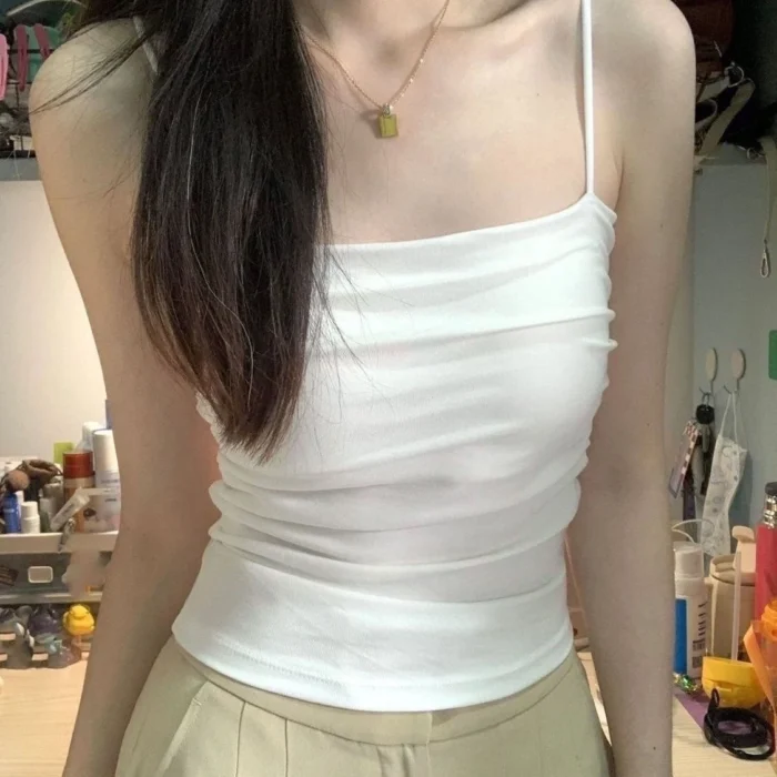 Summer Camisoles Tank Tops Women With Built In Bra Spaghetti Strap Tanks Vest Sleeveless Tees Cropped Top Solid Color Casual Top - Image 3