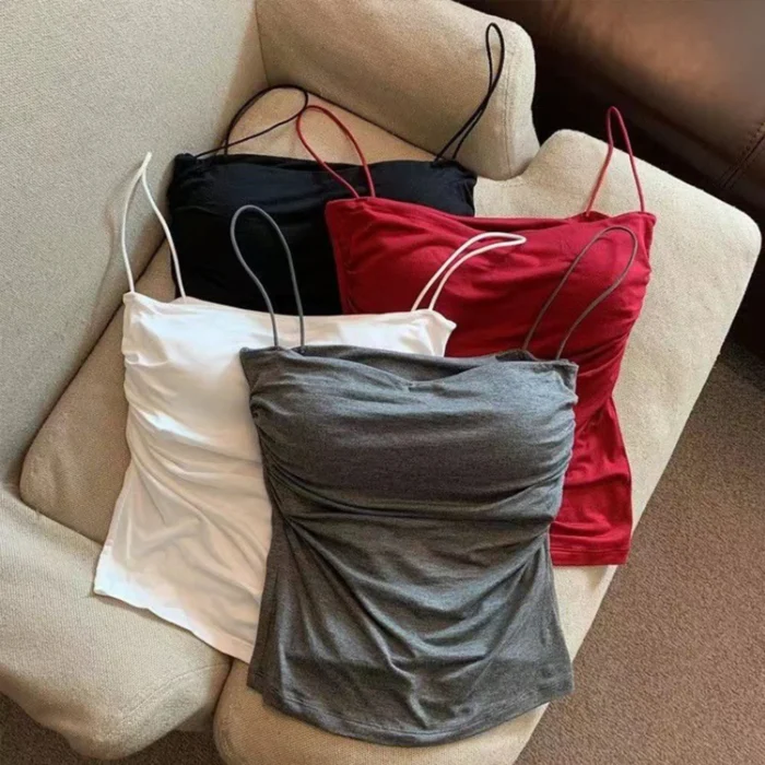 Summer Camisoles Tank Tops Women With Built In Bra Spaghetti Strap Tanks Vest Sleeveless Tees Cropped Top Solid Color Casual Top - Image 4