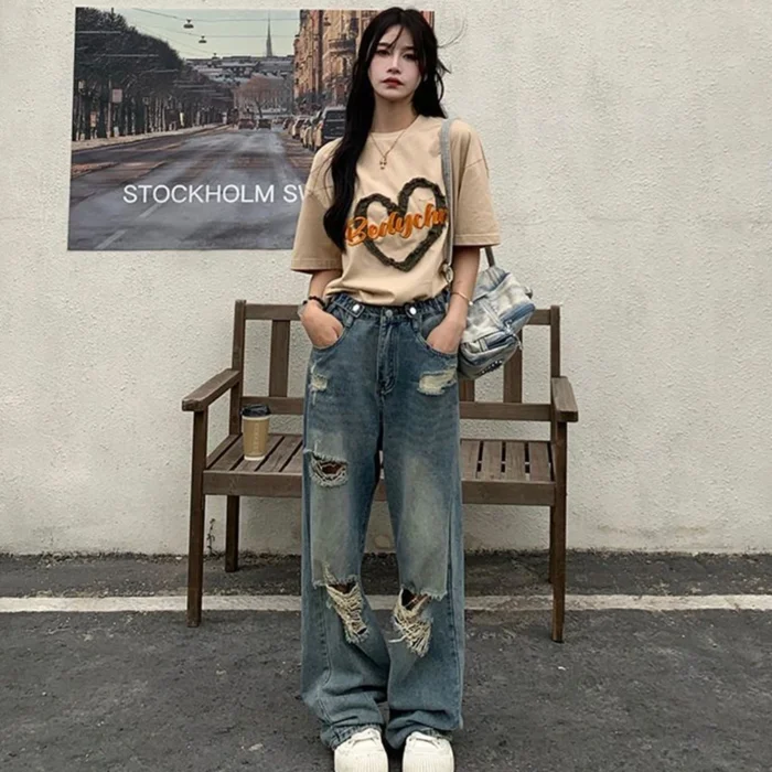 American Retro Hole-punched Jeans Women High Waist Straight-crotch Loose Slim Design High-street Vibe Wide-legged Dragging Pants - Image 5