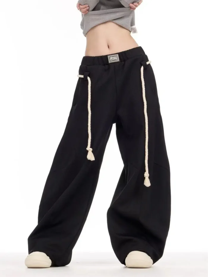 Black Drawstring Casual Pants Women Street Retro Harajuku Loose Cross Legged High Waist Slim Solid Color Sports Straight Pants - Image 3