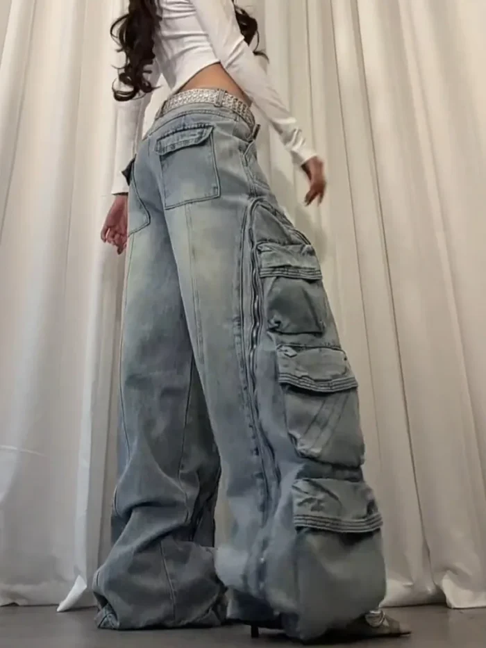 American New Fashion Retro Plus Size Washed Multi-pocket Overalls Jeans Women Y2K Street Straight BAGGY Wide Leg Drop Pants Tide - Image 5