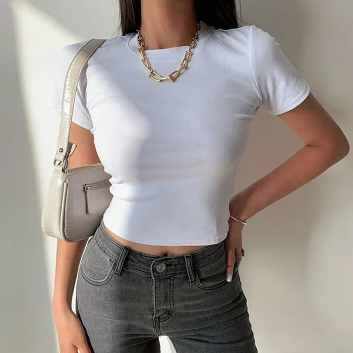 Short Sleeve T-Shirt Women Solid Simple Casual Soft All-Match Basic Crop Tops Tees Summer Fashion Skinny Tops Black White - Image 5