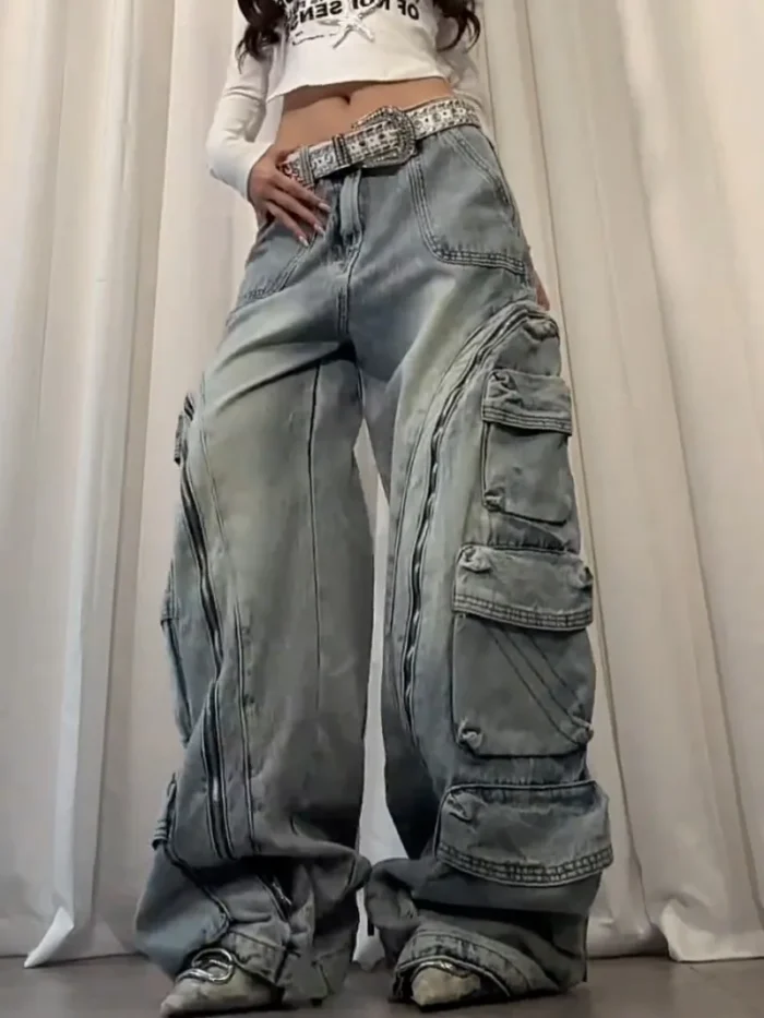 American New Fashion Retro Plus Size Washed Multi-pocket Overalls Jeans Women Y2K Street Straight BAGGY Wide Leg Drop Pants Tide - Image 4