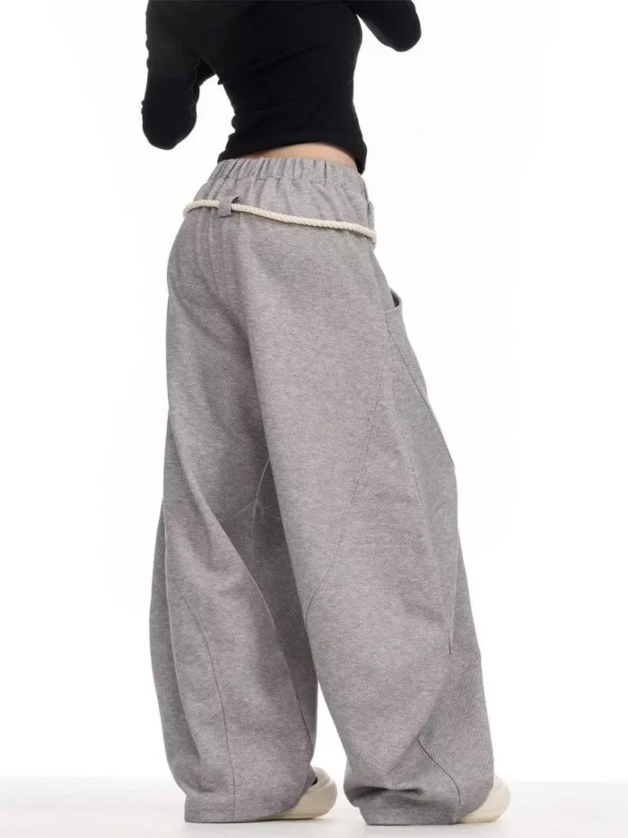 Black Drawstring Casual Pants Women Street Retro Harajuku Loose Cross Legged High Waist Slim Solid Color Sports Straight Pants - Image 4
