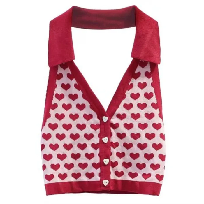 Y2k Heart Halter Vest Teengirl Button Front Sleeveless Collared Crop Top Women's Tanks and Cami Summer Vacation Outfit - Image 5