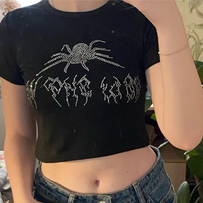 Spider Rhinestone Summer Crop Tops Black Y2k Streetwear Sexy Short Sleeve Tight Tshirts For Women Slim Baby Tee 2000s Clothes - Image 2