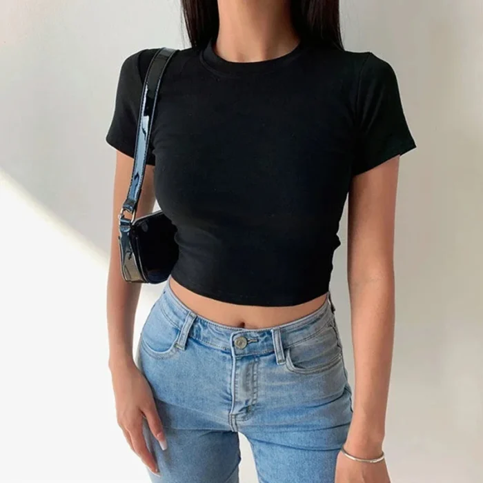 Short Sleeve T-Shirt Women Solid Simple Casual Soft All-Match Basic Crop Tops Tees Summer Fashion Skinny Tops Black White - Image 3