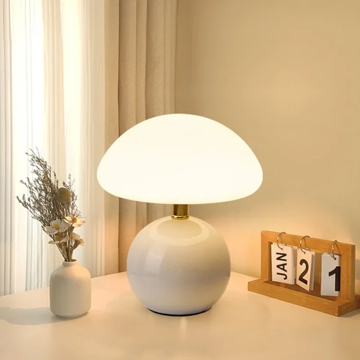 Mushroom small table lamp cream roller molded ceramic atmosphere lamp eye protection LED lamp bedroom headboard decoration light