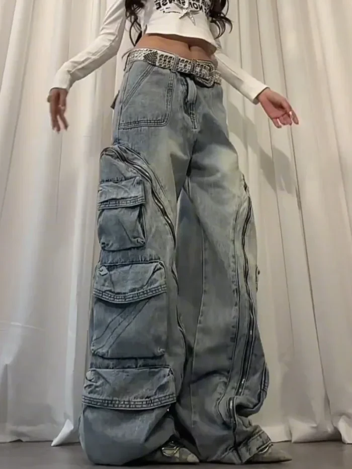 American New Fashion Retro Plus Size Washed Multi-pocket Overalls Jeans Women Y2K Street Straight BAGGY Wide Leg Drop Pants Tide - Image 2