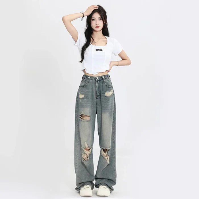 American Retro Hole-punched Jeans Women High Waist Straight-crotch Loose Slim Design High-street Vibe Wide-legged Dragging Pants - Image 3