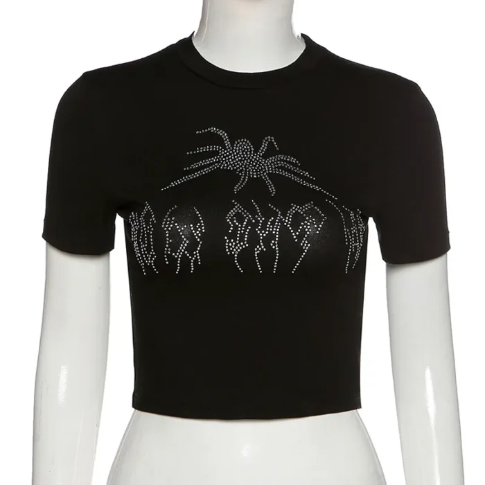 Spider Rhinestone Summer Crop Tops Black Y2k Streetwear Sexy Short Sleeve Tight Tshirts For Women Slim Baby Tee 2000s Clothes - Image 5