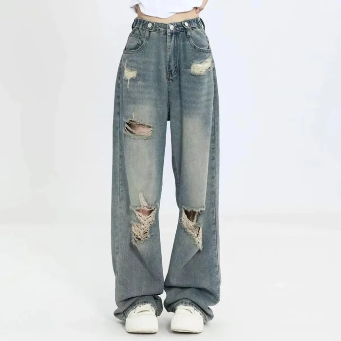 American Retro Hole-punched Jeans Women High Waist Straight-crotch Loose Slim Design High-street Vibe Wide-legged Dragging Pants - Image 2
