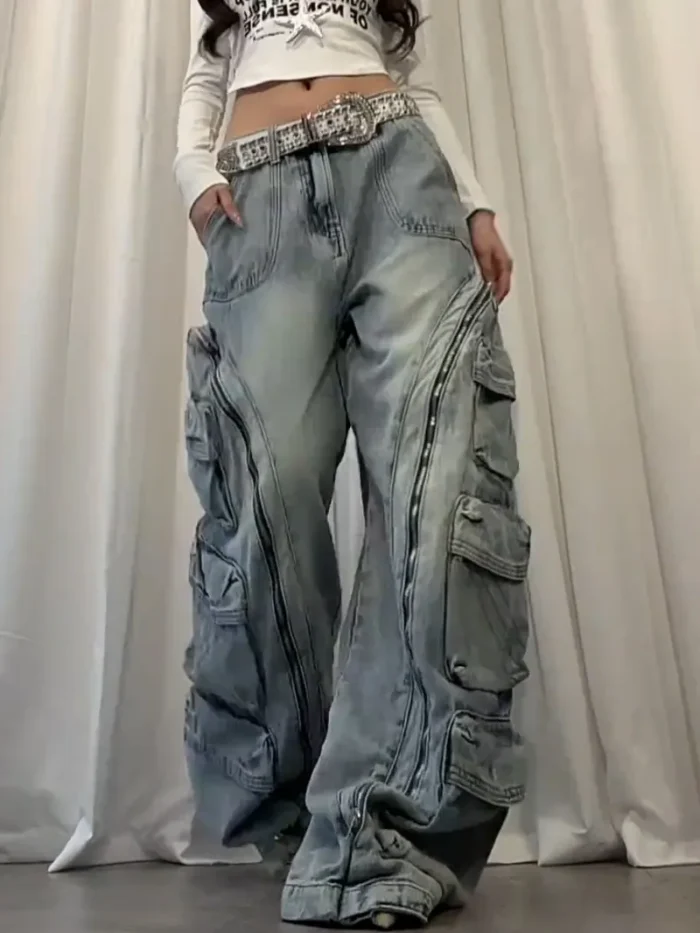 American New Fashion Retro Plus Size Washed Multi-pocket Overalls Jeans Women Y2K Street Straight BAGGY Wide Leg Drop Pants Tide - Image 3