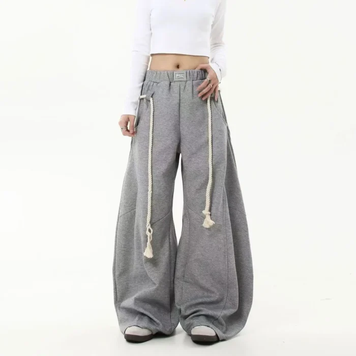 Black Drawstring Casual Pants Women Street Retro Harajuku Loose Cross Legged High Waist Slim Solid Color Sports Straight Pants - Image 2