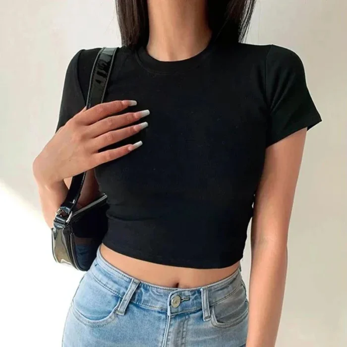 Short Sleeve T-Shirt Women Solid Simple Casual Soft All-Match Basic Crop Tops Tees Summer Fashion Skinny Tops Black White - Image 2