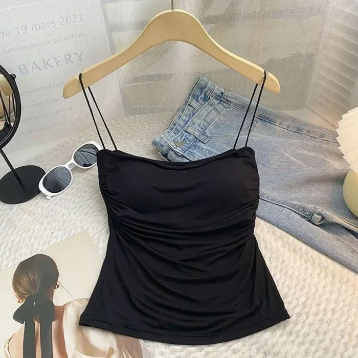 Summer Camisoles Tank Tops Women With Built In Bra Spaghetti Strap Tanks Vest Sleeveless Tees Cropped Top Solid Color Casual Top - Image 2