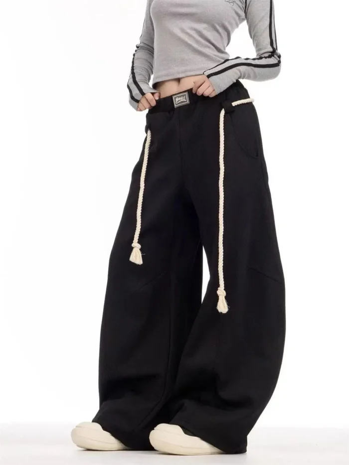 Black Drawstring Casual Pants Women Street Retro Harajuku Loose Cross Legged High Waist Slim Solid Color Sports Straight Pants