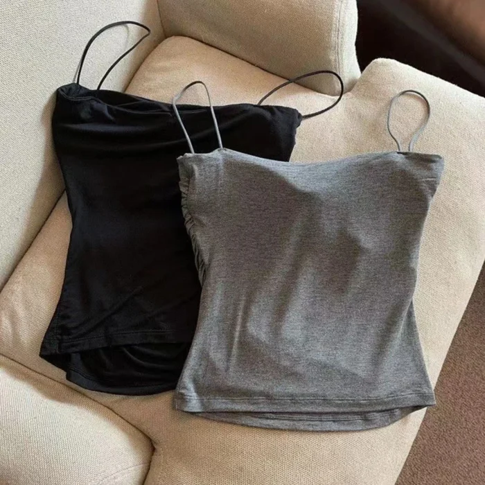 Summer Camisoles Tank Tops Women With Built In Bra Spaghetti Strap Tanks Vest Sleeveless Tees Cropped Top Solid Color Casual Top - Image 5