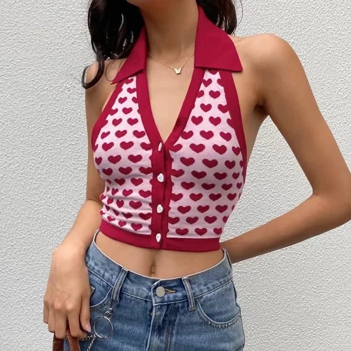 Y2k Heart Halter Vest Teengirl Button Front Sleeveless Collared Crop Top Women's Tanks and Cami Summer Vacation Outfit - Image 3